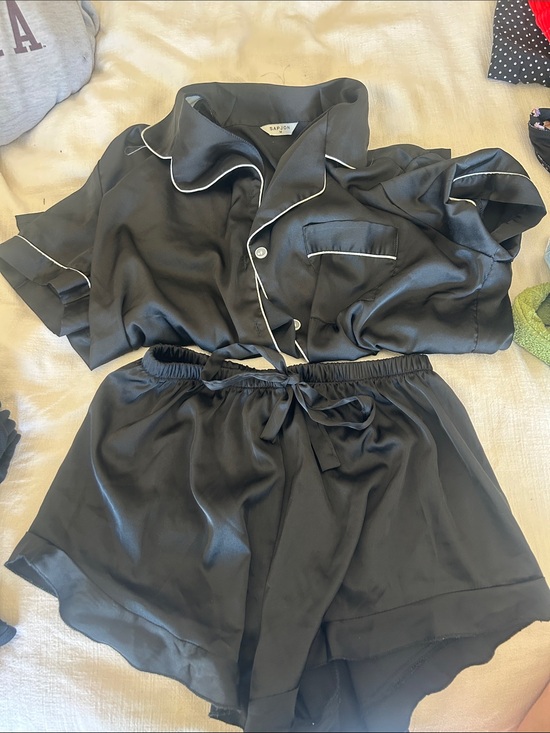 Other - Satin Short Pajama Set with Contrast Piping - Black